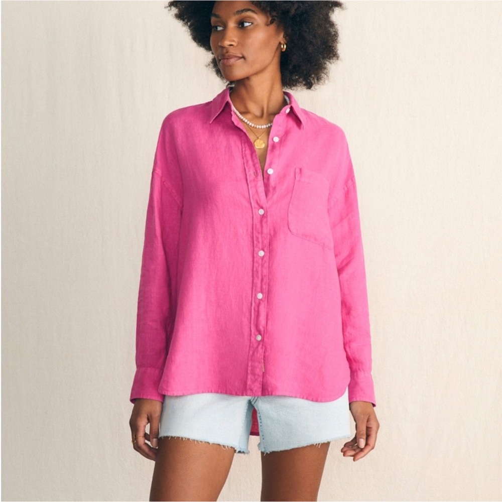 FAHERTY Women Laguna Linen Button Up Shirt M Long Sleeve Coastal Preppy Resort